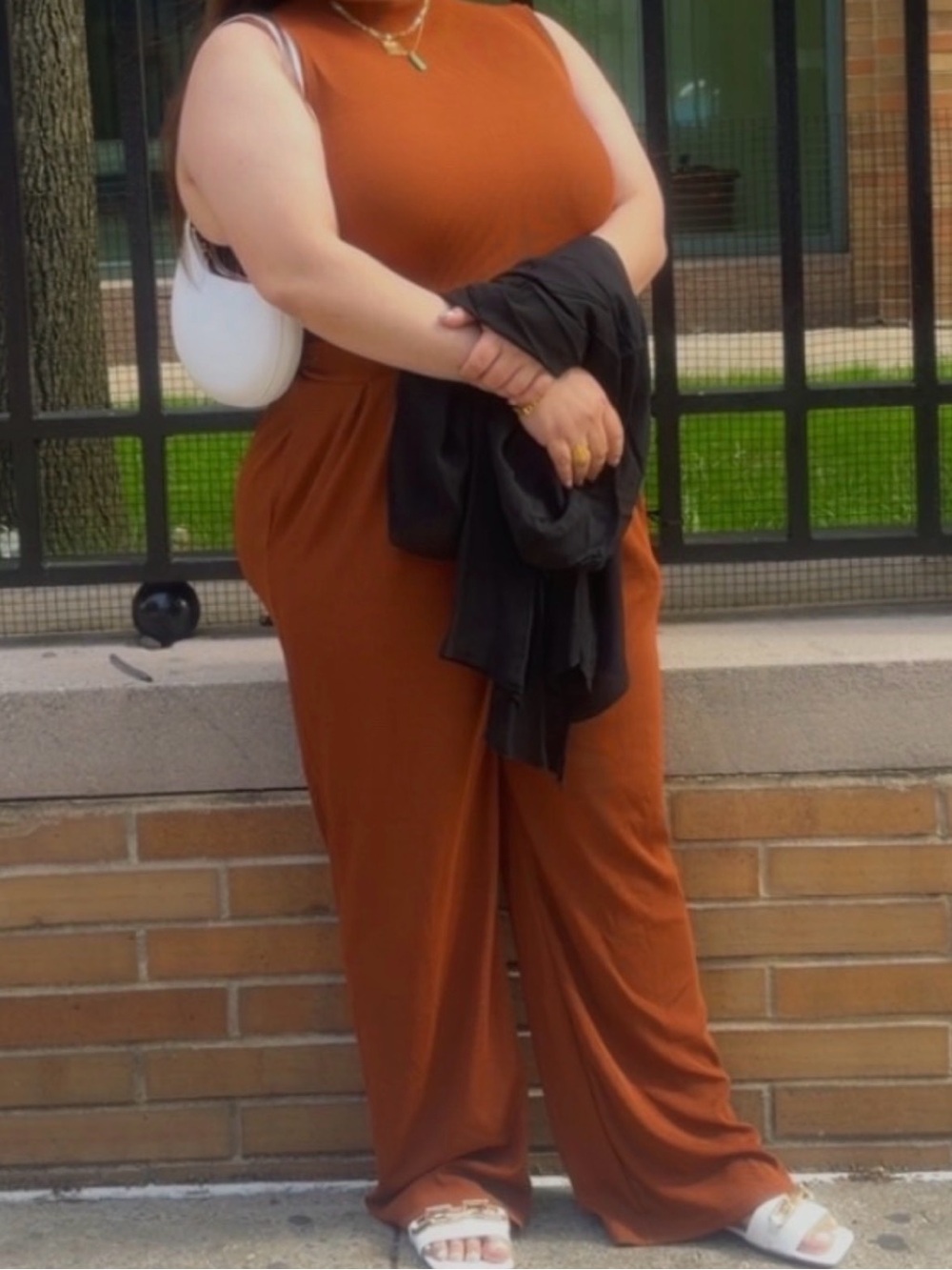 Wide-Leg Sleeveless Jumpsuit in Rust Brown